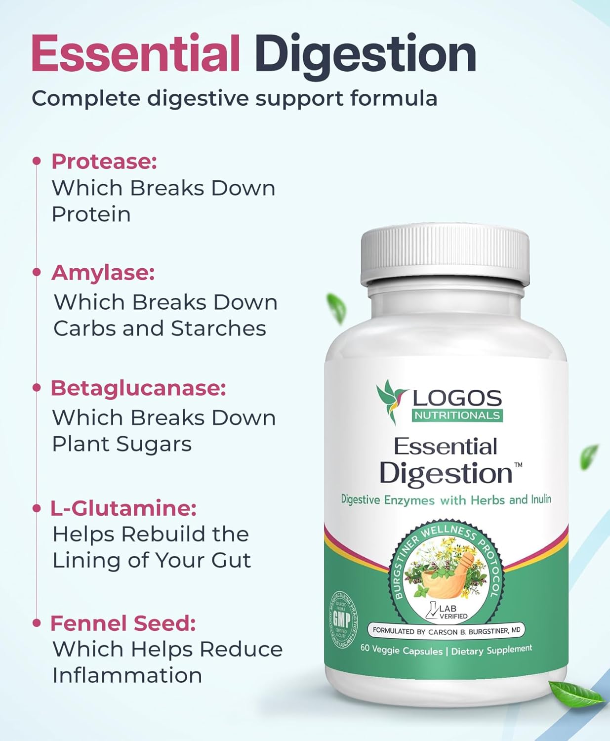 Digestive Enzymes for Gut Health - Logos Nutritionals Essential Digestion 90 Veggie Caps - Relieve Digestive Issues in Men and Women