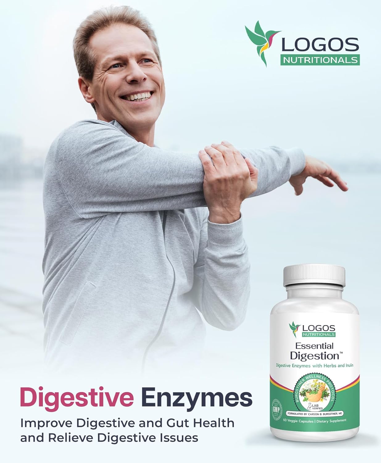 Digestive Enzymes for Gut Health - Logos Nutritionals Essential Digestion 90 Veggie Caps - Relieve Digestive Issues in Men and Women