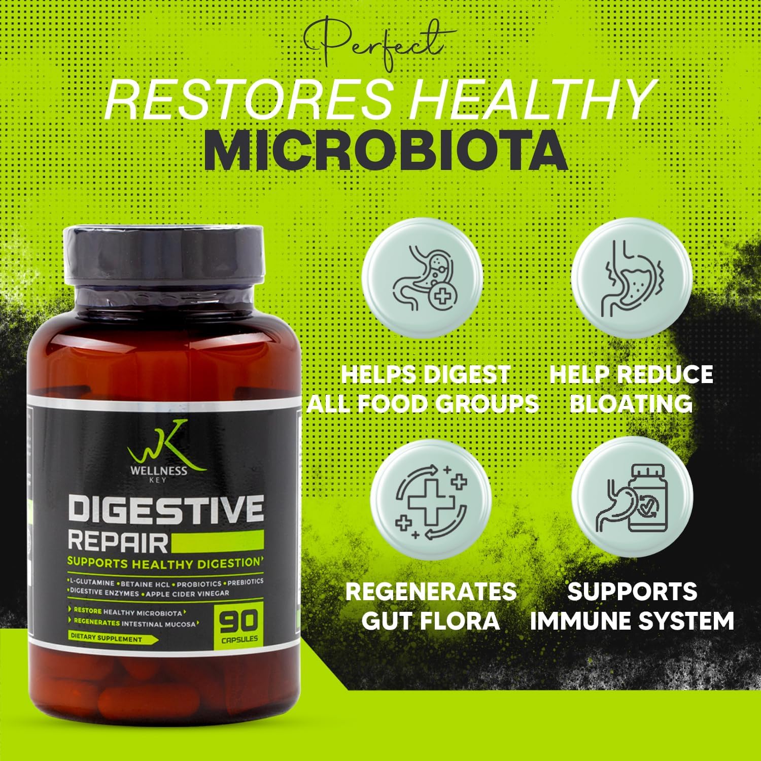Digestive Repair Supplement with 7 Enzymes, 6 Probiotic Strains, 3 Billion CFUs - Improve Gut Health, No Bloating - Natural Ingredients - 90 Capsules