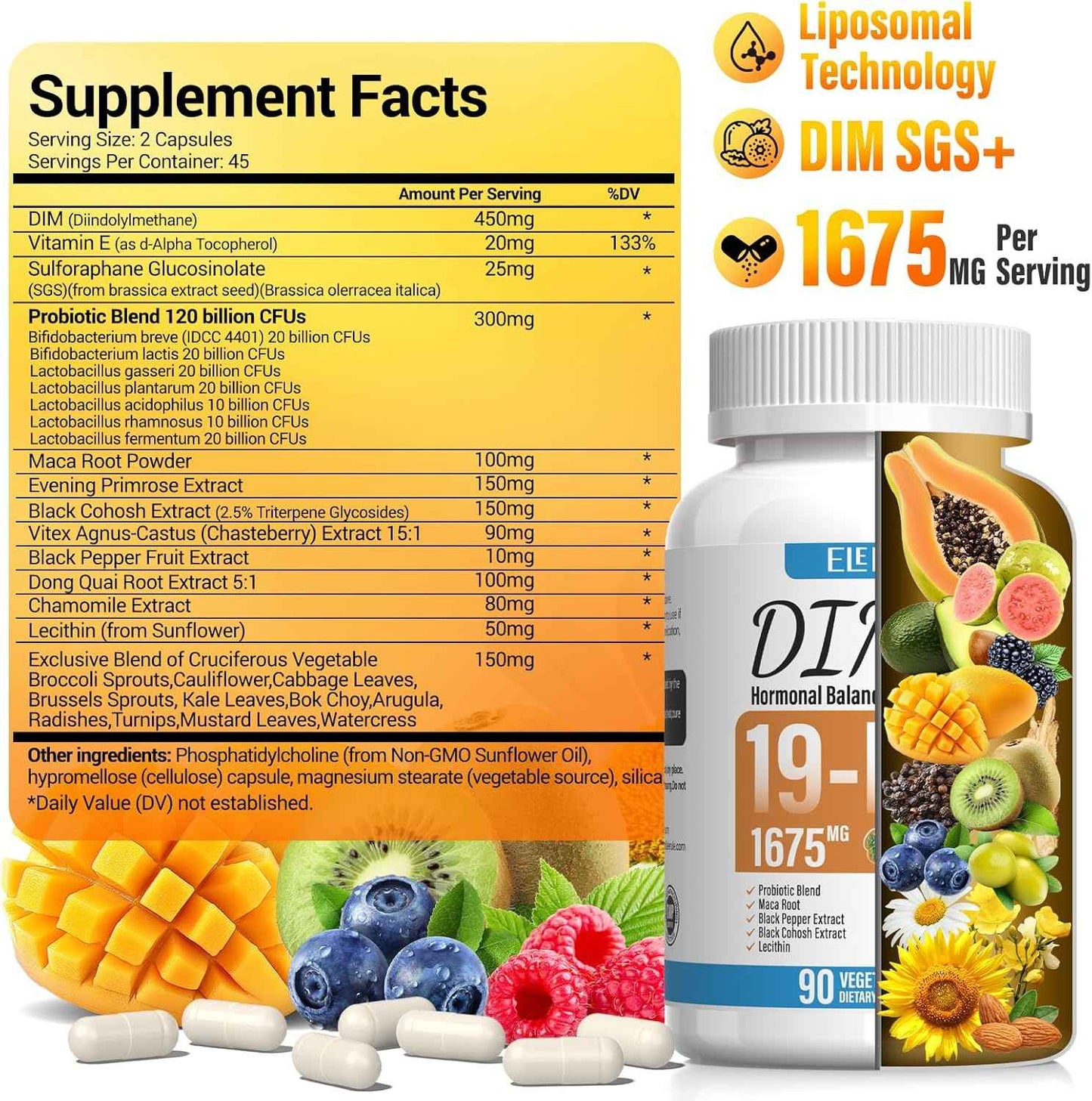 DIM Supplement Estrogen Balance for Women & Men, 1675 mg Estrogen Supplement Hormonal Acne Support, Menopause Support, Antioxidant Support,DIM SGS 90 Veggie Capsules,44 Day Supply-075