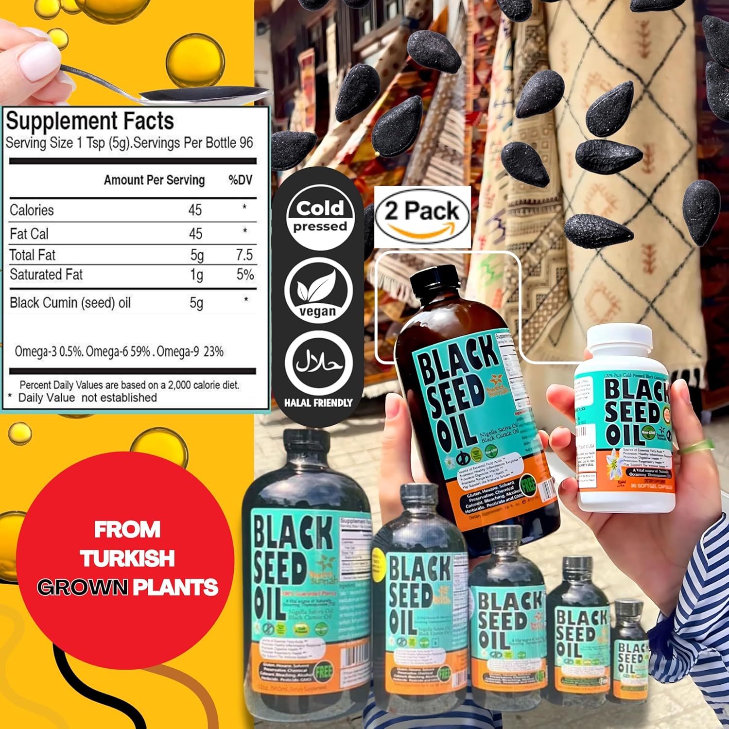 Discover the Power of Sweet Sunnah Black Seed Oil - 2 Pack of 16-Ounce Premium Turkish Black Seed Oil with 3x Thymoquinone - Cold-Pressed, Natural Antioxidant Source for Immunity and Energy Boost