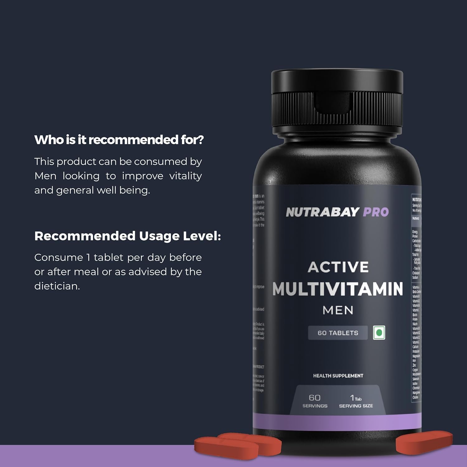 Divyam_N'utrabay Pro Active Multivitamin for Men - 60 Tablets | Boost Energy, Stamina & Immunity with 25 Essential Vitamins & Minerals incl. Zinc, Vitamin C, D, B12
