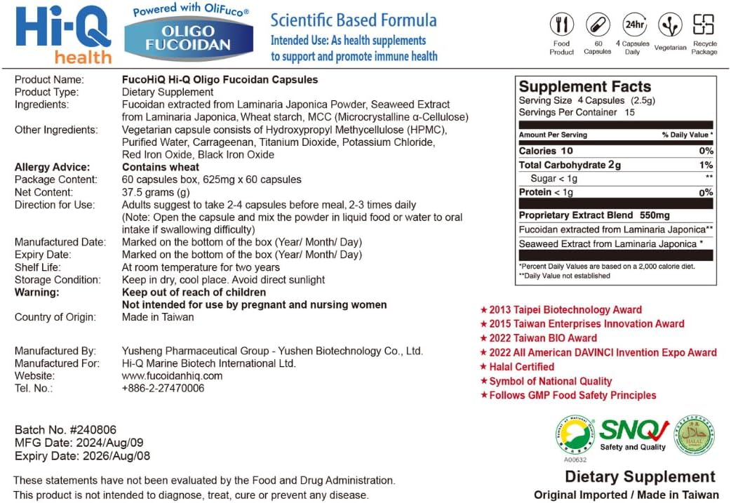 Doctor Recommended Fucohiq Oligo Fucoidan Capsules - Extra Strength Immune Support Supplement - High Purity Seaweed Extract - Vegetarian - Halal Certified - 60 Capsules