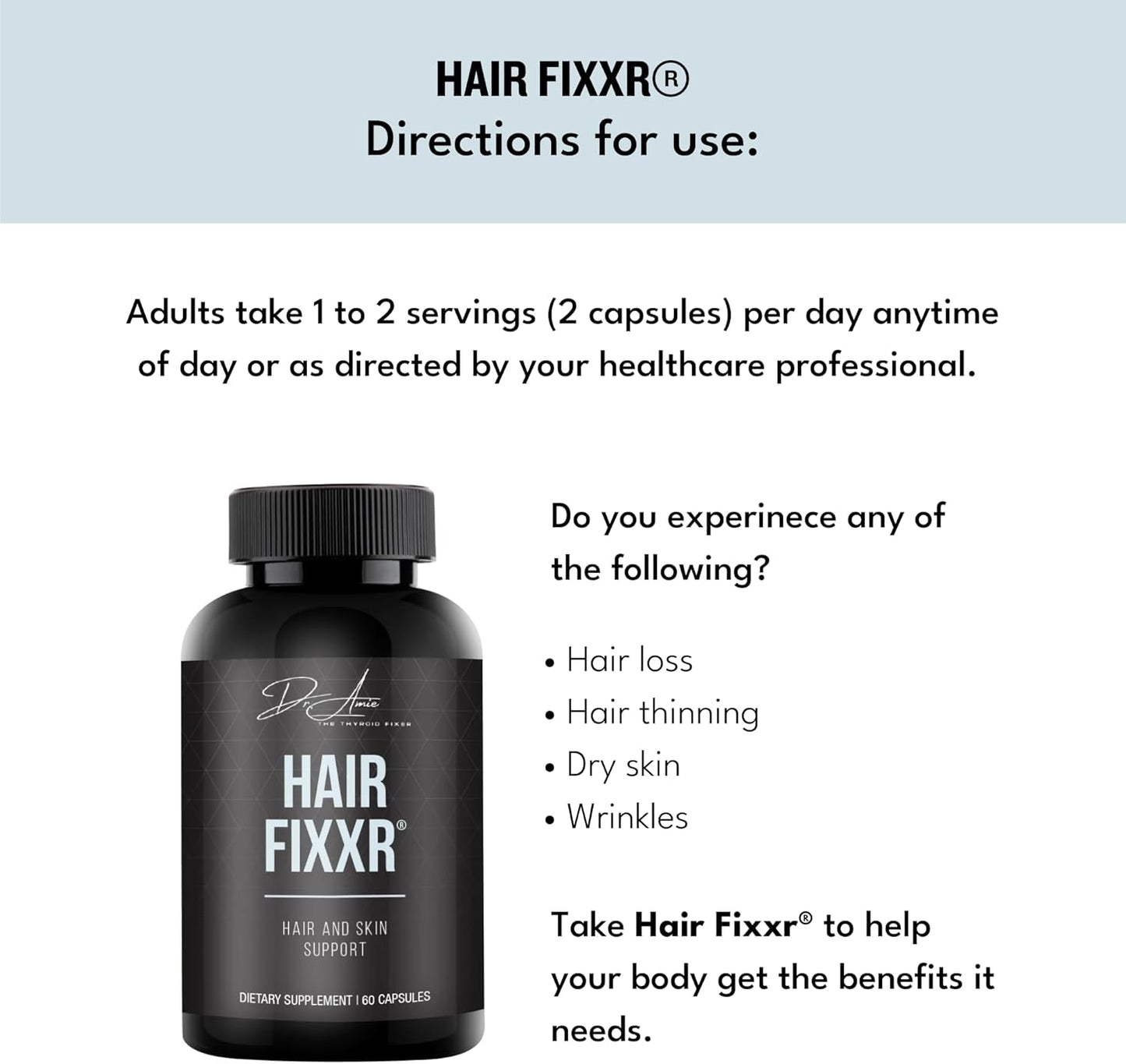 Dr. Amie's Fixxr Hair: Premium Collagen Protein Complex for Hair and Skin Support - 30 Day Supply, 60 Capsules