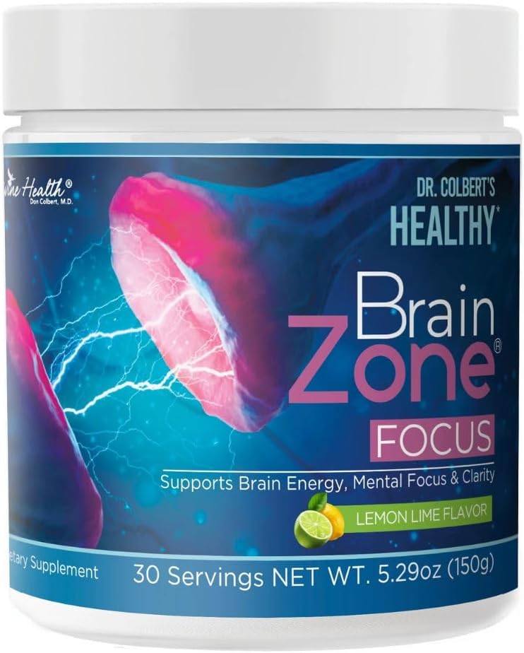 Dr. Colbert MD Brain Zone Focus Powder - Lemon-Lime Flavor with Alpha GPC, D-Ribose, N-Acetyl L-Tyrosine - Enhances Brain Energy and Focus - 5.29 oz