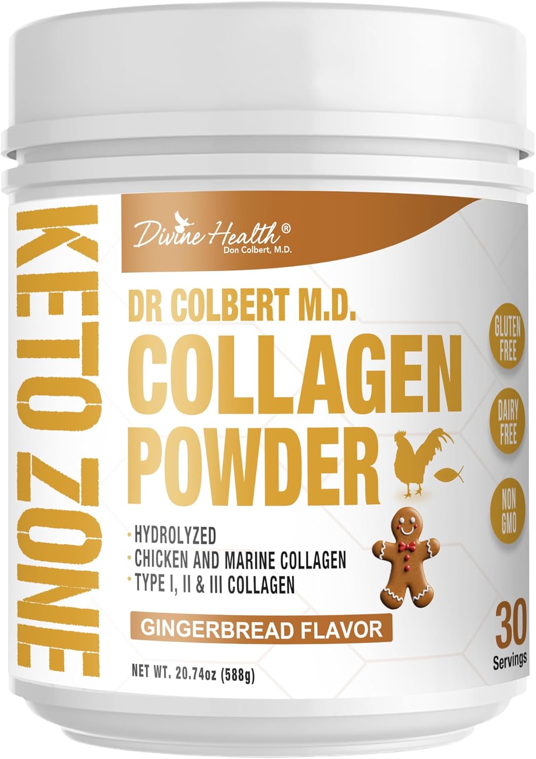 Dr. Colbert MD Gingerbread Flavored Hydrolyzed Collagen Powder - Type I, II, III Peptides for Healthy Hair, Skin & Nails - Keto Zone