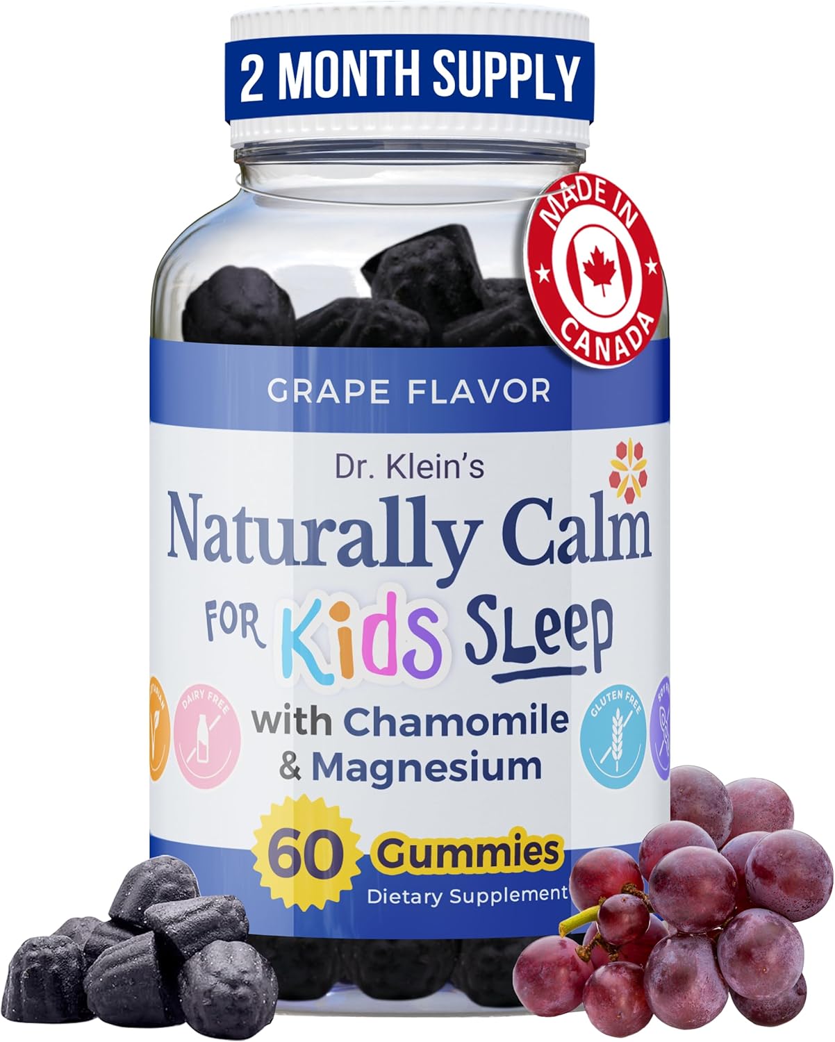 Dr. Klein's Calm Kids Magnesium Gummies - Chamomile & Linden Soothing Vitamins for Sleep Support - Grape Sugar-Free Chewables 60ct