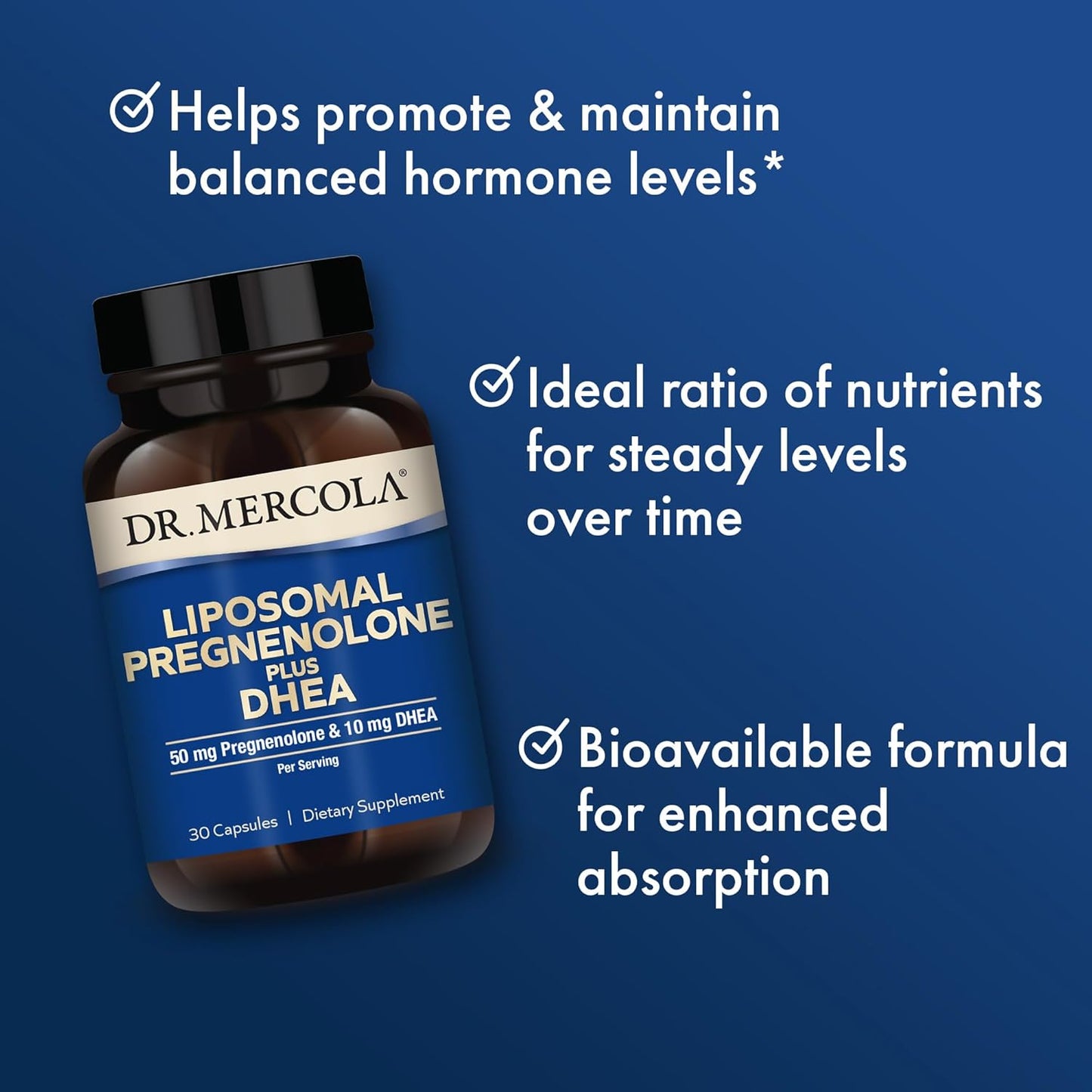 Dr. Mercola Liposomal Pregnenolone Plus DHEA Capsules - 50mg Pregnenolone & 10mg DHEA - Non-GMO Dietary Supplement - 30 Servings