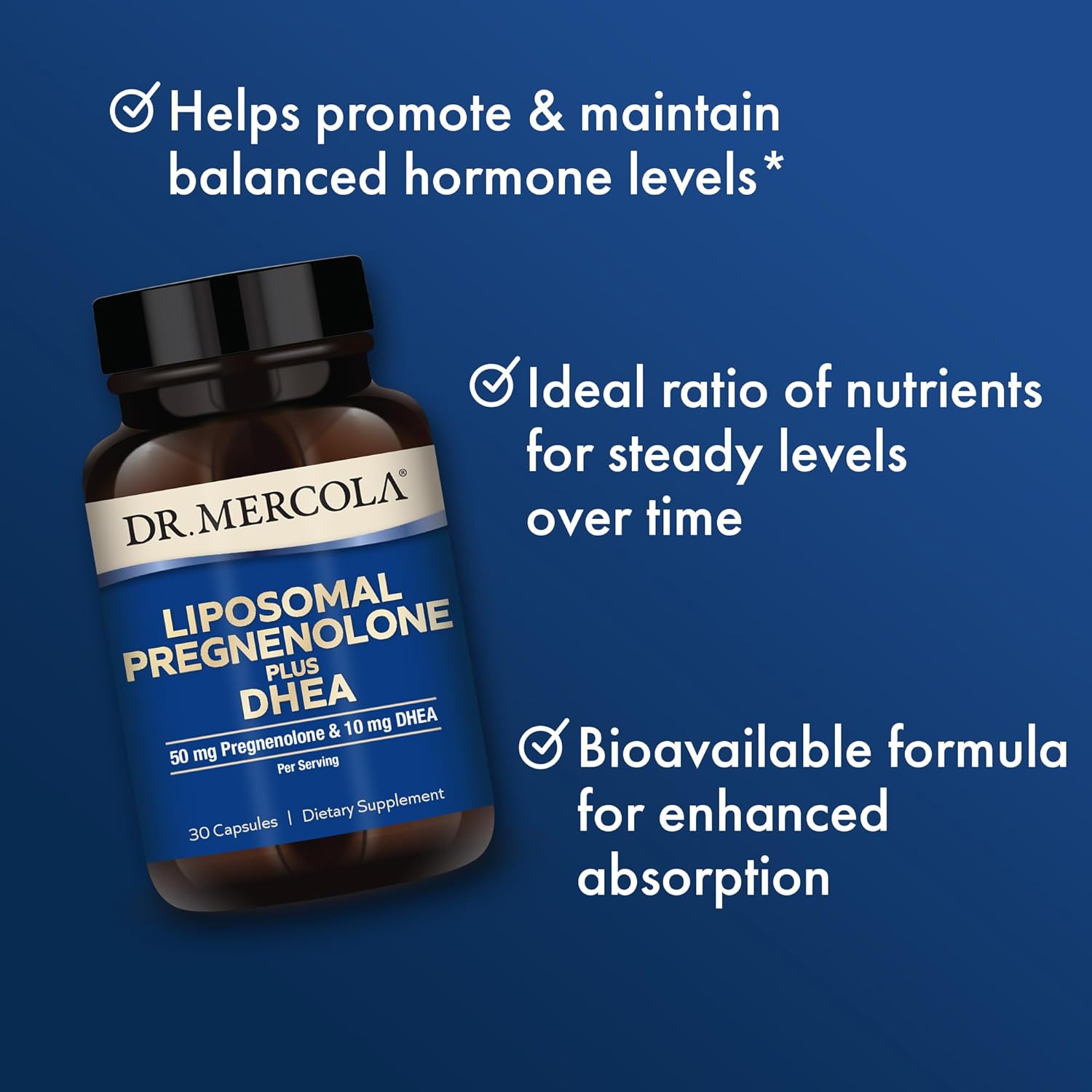 Dr. Mercola Liposomal Pregnenolone Plus DHEA Capsules - 50mg Pregnenolone & 10mg DHEA - Non-GMO Dietary Supplement - 30 Servings