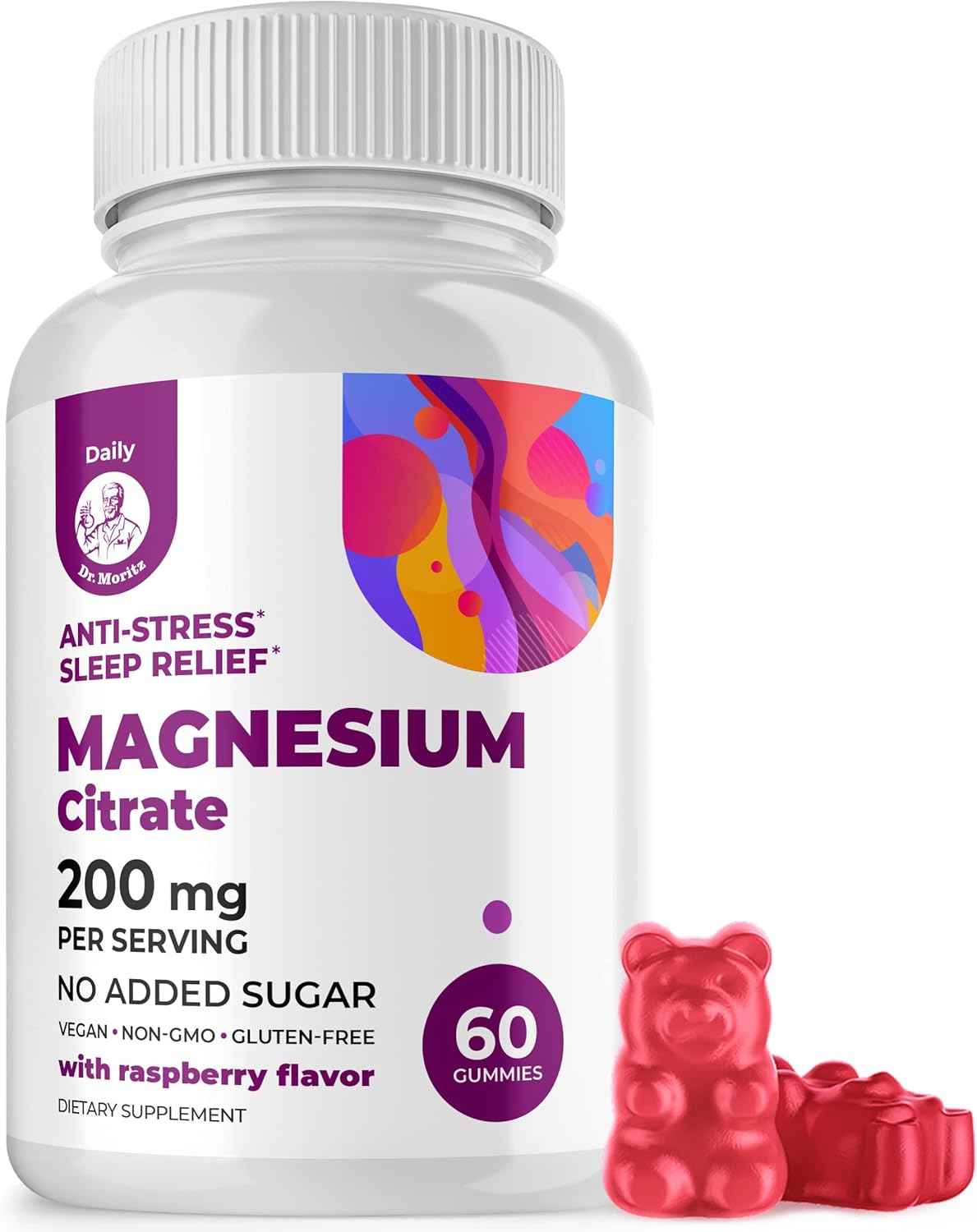 DR. MORITZ Magnesium Citrate Gummies for Adults - Sugar-Free Calm Magnesium Gummies - Supports a Healthy Stress Response - Raspberry Flavor - Non-GMO, 200 mg (60 Count)