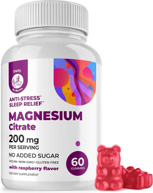 DR. MORITZ Magnesium Citrate Gummies for Adults - Sugar-Free Calm Magnesium Gummies - Supports a Healthy Stress Response - Raspberry Flavor - Non-GMO, 200 mg (60 Count)
