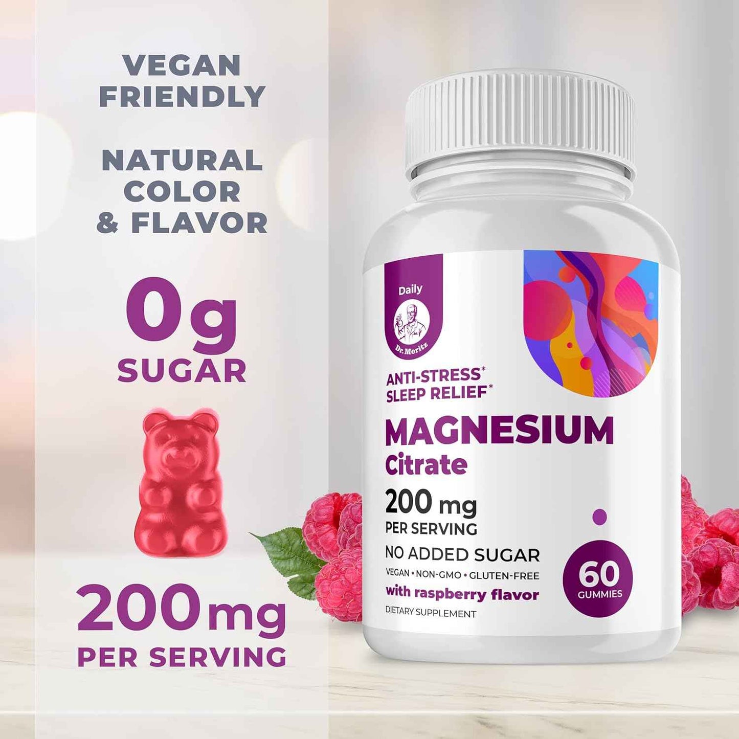 DR. MORITZ Magnesium Citrate Gummies for Adults - Sugar-Free Calm Magnesium Gummies - Supports a Healthy Stress Response - Raspberry Flavor - Non-GMO, 200 mg (60 Count)