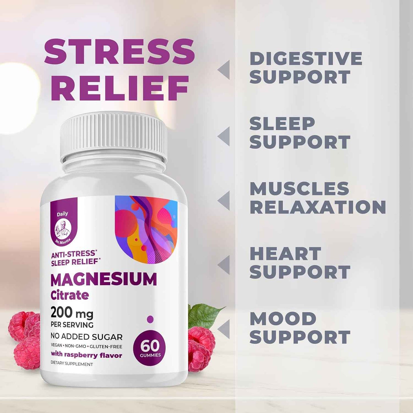 DR. MORITZ Magnesium Citrate Gummies for Adults - Sugar-Free Calm Magnesium Gummies - Supports a Healthy Stress Response - Raspberry Flavor - Non-GMO, 200 mg (60 Count)