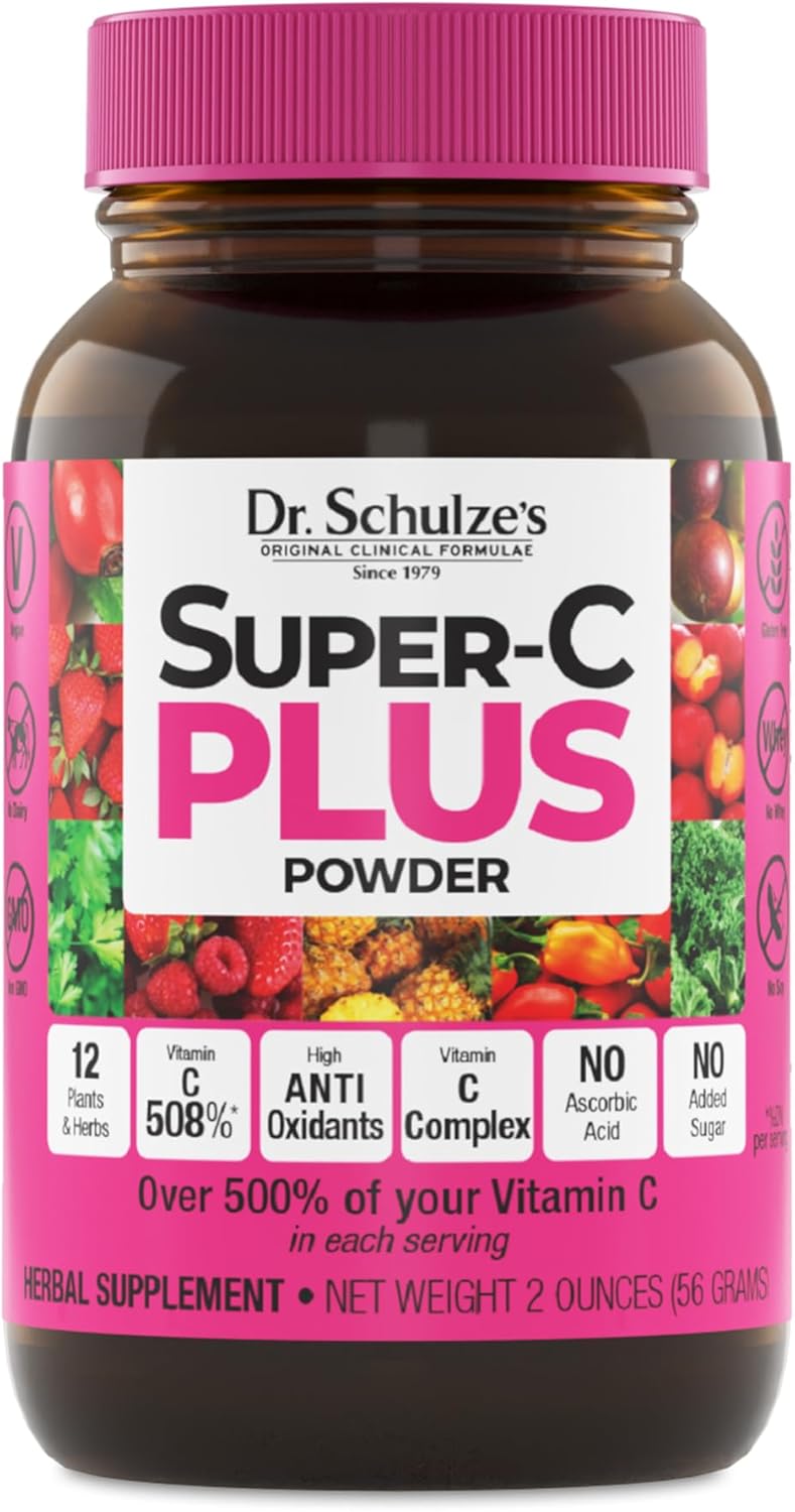Dr. Schulze's Super-C Plus Powder: Vitamin C Complex Herbal Formula for Immune Support, Collagen & Iron Absorption - 2 oz Bottle