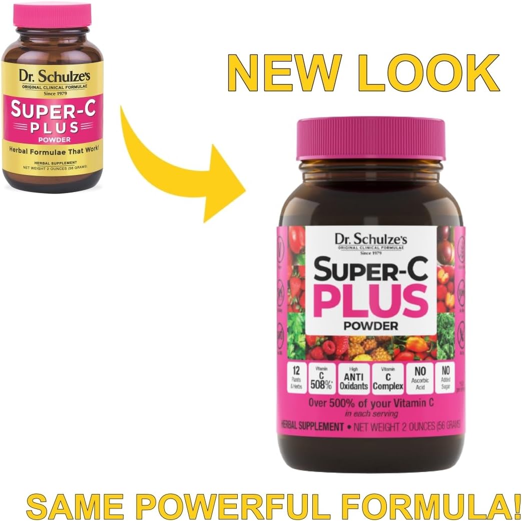 Dr. Schulze's Super-C Plus Powder: Vitamin C Complex Herbal Formula for Immune Support, Collagen & Iron Absorption - 2 oz Bottle