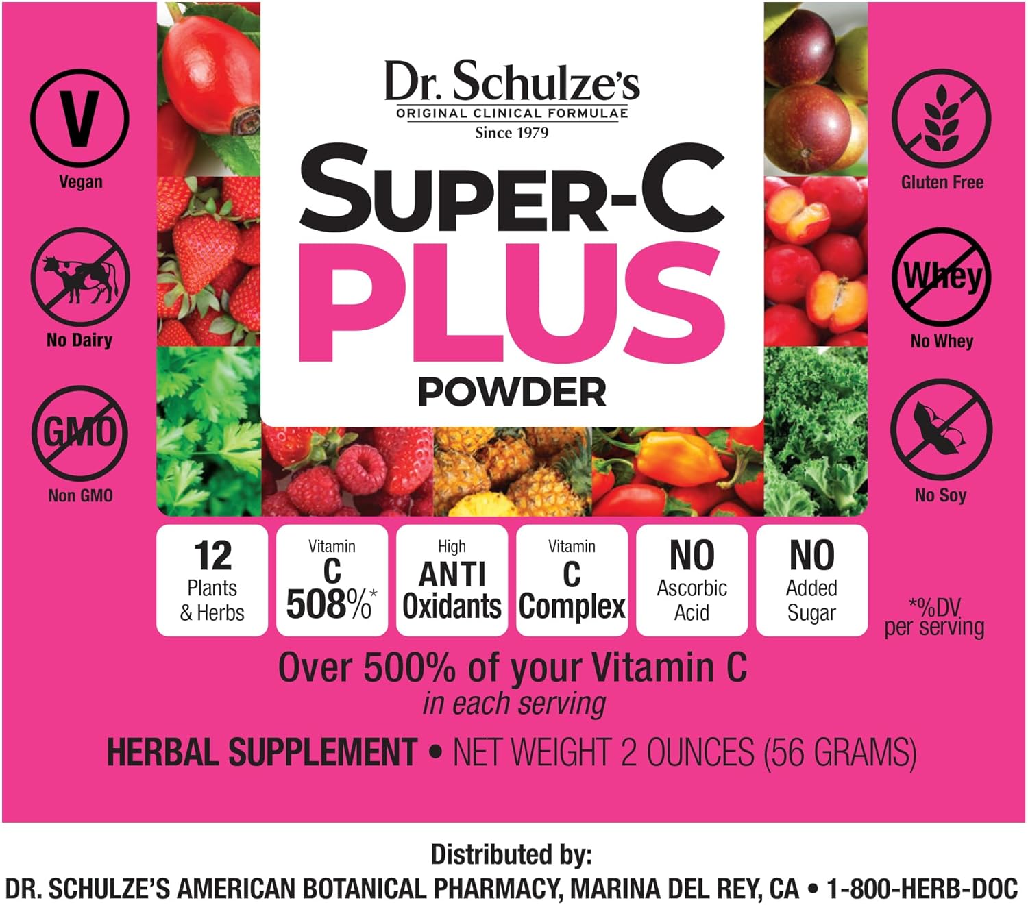 Dr. Schulze's Super-C Plus Powder: Vitamin C Complex Herbal Formula for Immune Support, Collagen & Iron Absorption - 2 oz Bottle