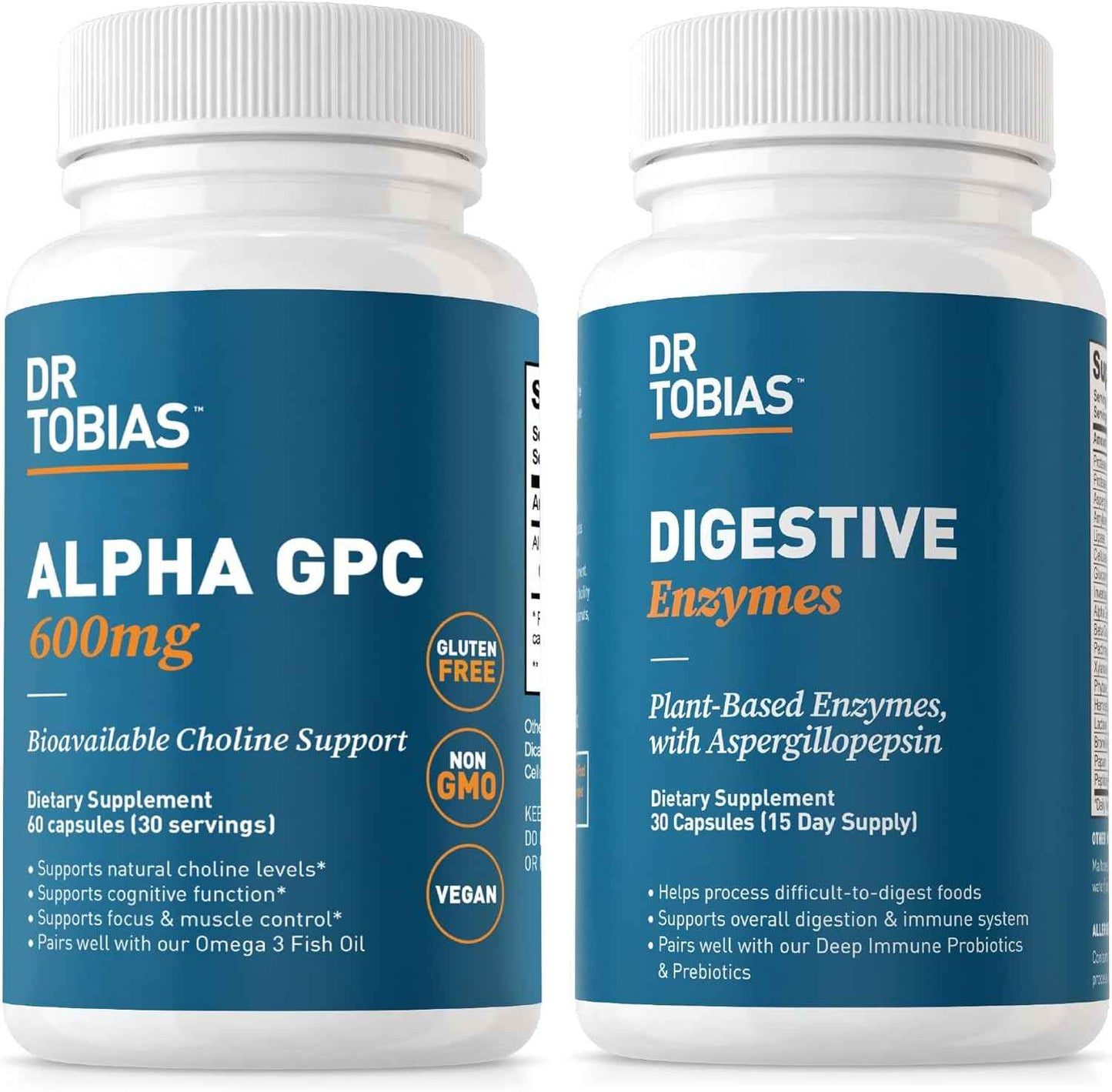 Dr. Tobias Alpha GPC & Digestive Enzymes - Support Cognitive Function & Everyday Gut Health with Bioavailable Choline Supplement & Premium Enzymes for Digestion, Non-GMO