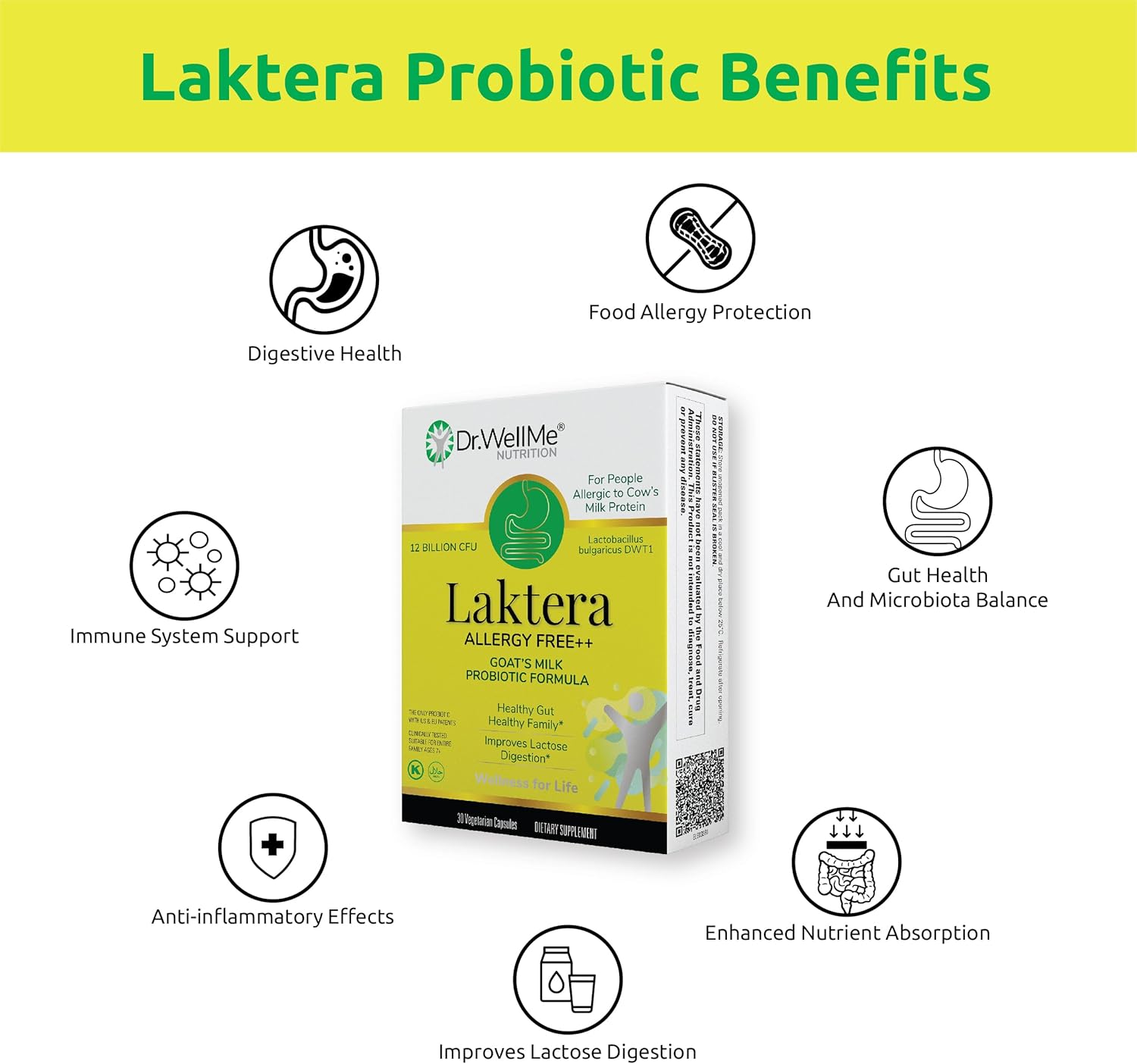 Dr. WellMe Laktera Allergy Free Probiotics - Digestive & Immune Support - Low Lactose Goat’s Milk Formula - 30 Capsules
