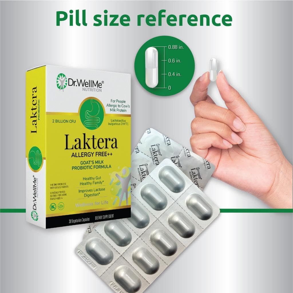 Dr. WellMe Laktera Allergy Free Probiotics - Digestive & Immune Support - Low Lactose Goat’s Milk Formula - 30 Capsules