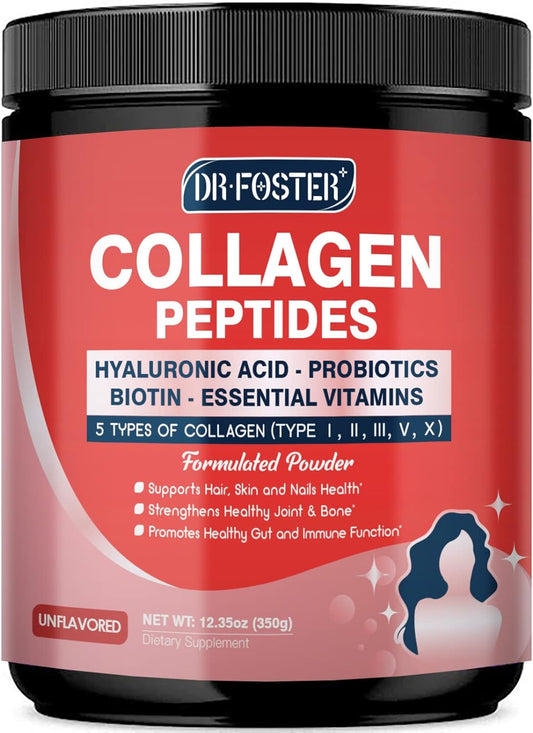 DRFOSTER Multi Collagen Peptides Powder with Probiotics - Type I II III V X - Hydrolyzed Peptides with Multivitamins & Hyaluronic Acid - Skin Hair Nail Joints & Gut Support, 35 Servings