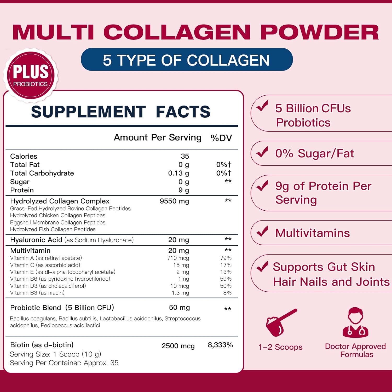 DRFOSTER Multi Collagen Peptides Powder with Probiotics - Type I II III V X - Hydrolyzed Peptides with Multivitamins & Hyaluronic Acid - Skin Hair Nail Joints & Gut Support, 35 Servings