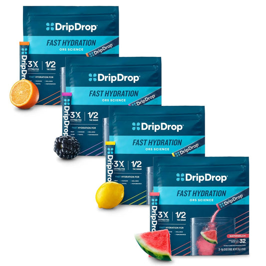 DripDrop Hydration Electrolyte Powder Packets Variety Bundle 128 Count - Watermelon, Berry, Lemon, Orange