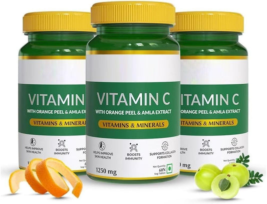 DURJA Vitamin C 1250mg Veg Tablets with Amla & Orange Peel Extract - 180 Count for Immunity & Skin Health, Antioxidant Support, Collagen Formation - Men & Women