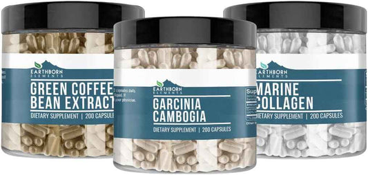 Earthborn Elements Garcinia Cambogia, Green Coffee Bean, & Marine Collagen Bundle (200 Capsules Each), Pure & Undiluted, No Additives
