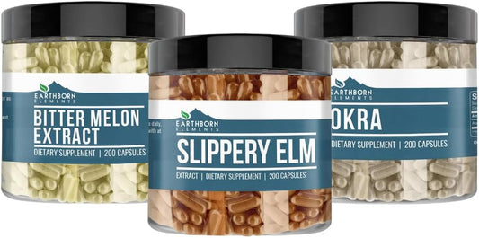 Earthborn Elements Slippery Elm, Okra, & Bitter Melon Capsule Bundle - 200 Capsules Each, Pure & Undiluted, Additive-Free