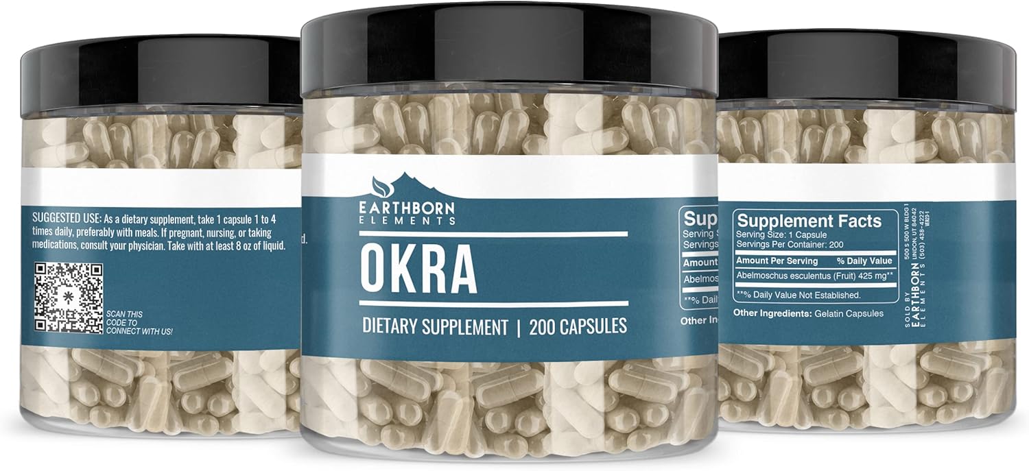 Earthborn Elements Slippery Elm, Okra, & Bitter Melon Capsule Bundle - 200 Capsules Each, Pure & Undiluted, Additive-Free