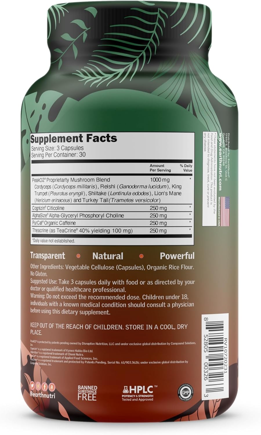 EarthNutri Energy + Focus Capsule - Cognitive, Mood, and Memory Support - 90ct, 3 Capsules/Serving