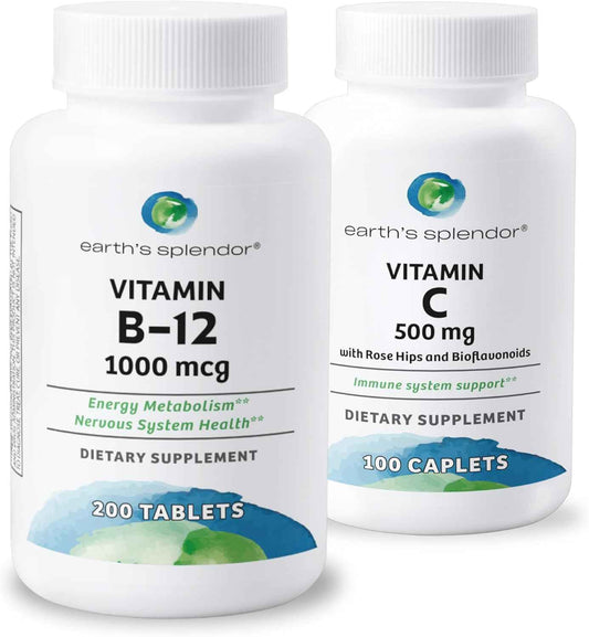 Earth's Splendor Energy & Immune Support – Vitamin B12 & Vitamin C with Rose HIPS, Gluten-Free, No Artificial Colors or Flavors, Supports Energy Metabolism & Antioxidant Health for Men & Women