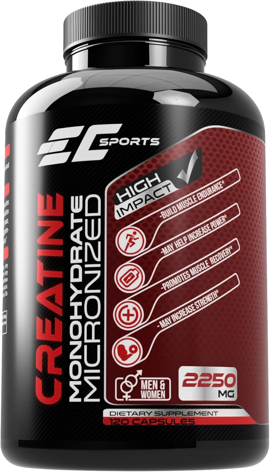EC Sports Creatine Monohydrate Micronized Capsules - Enhance Strength, Boost Performance, Support Recovery - 120 Count