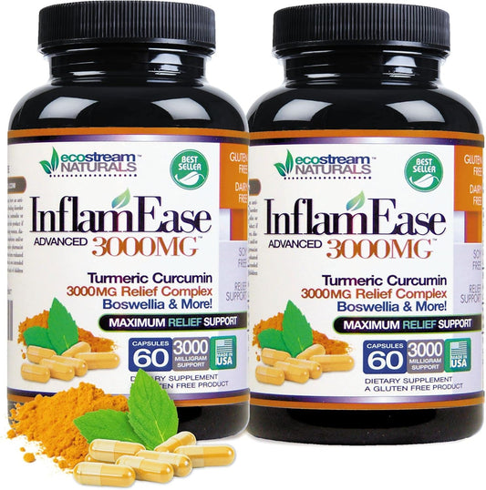 ecostream Naturals Pack of 2 - InflamEase Supplement with Turmeric, Curcumin, Enzymes, and Boswellia - Vegetarian Formula