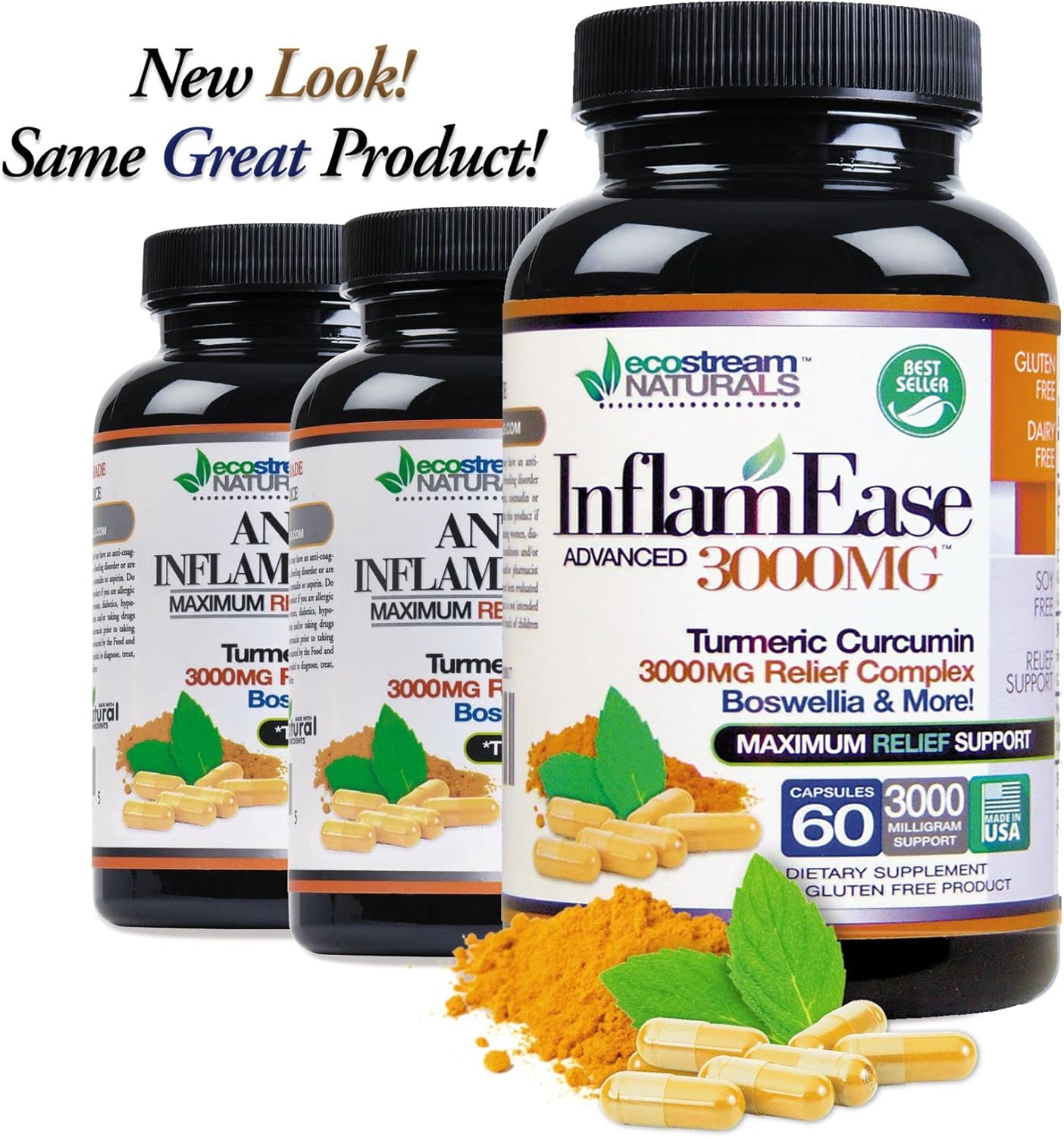 ecostream Naturals Pack of 2 - InflamEase Supplement with Turmeric, Curcumin, Enzymes, and Boswellia - Vegetarian Formula