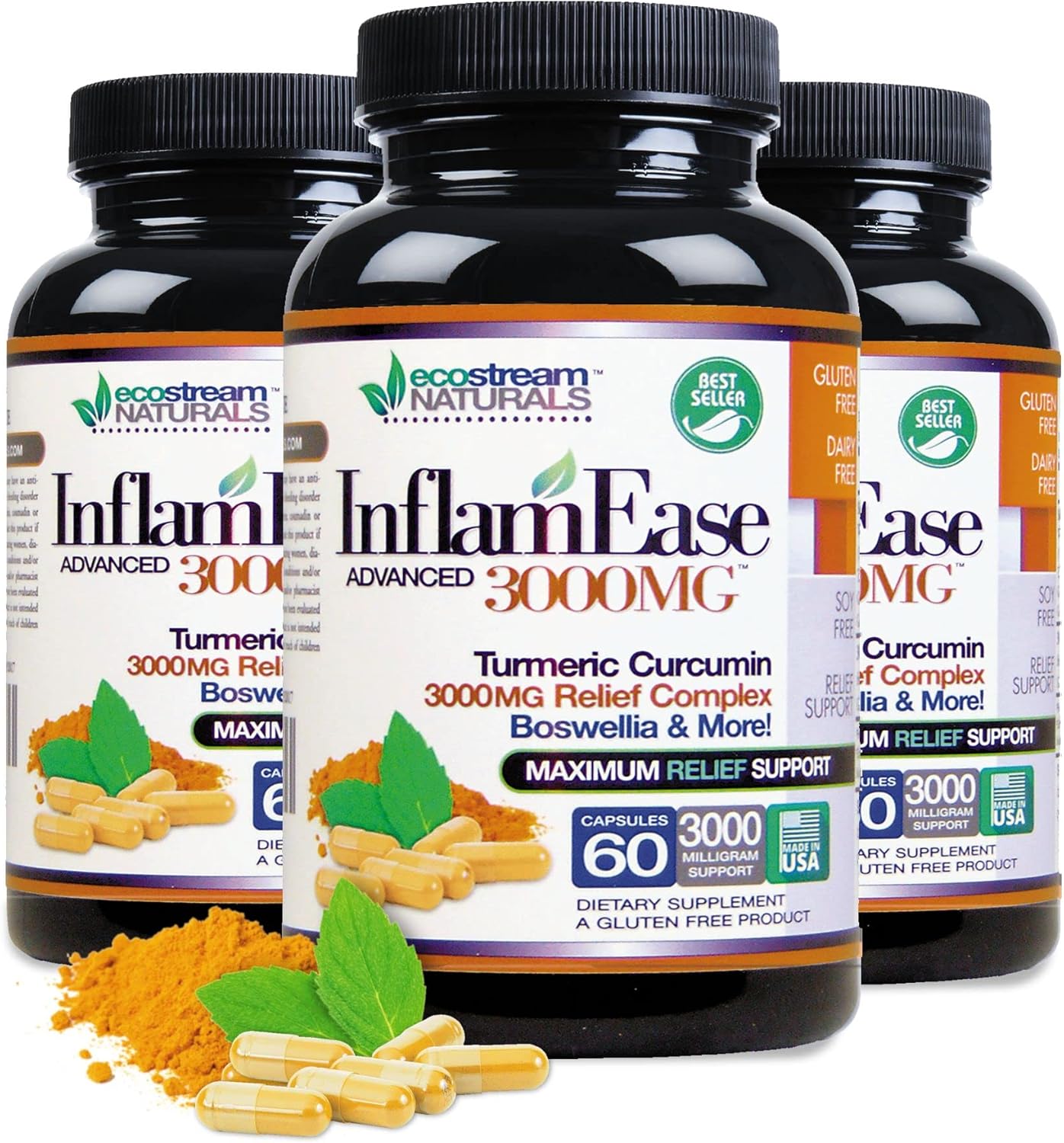 ecostream Naturals Pack of 2 - InflamEase Supplement with Turmeric, Curcumin, Enzymes, and Boswellia - Vegetarian Formula