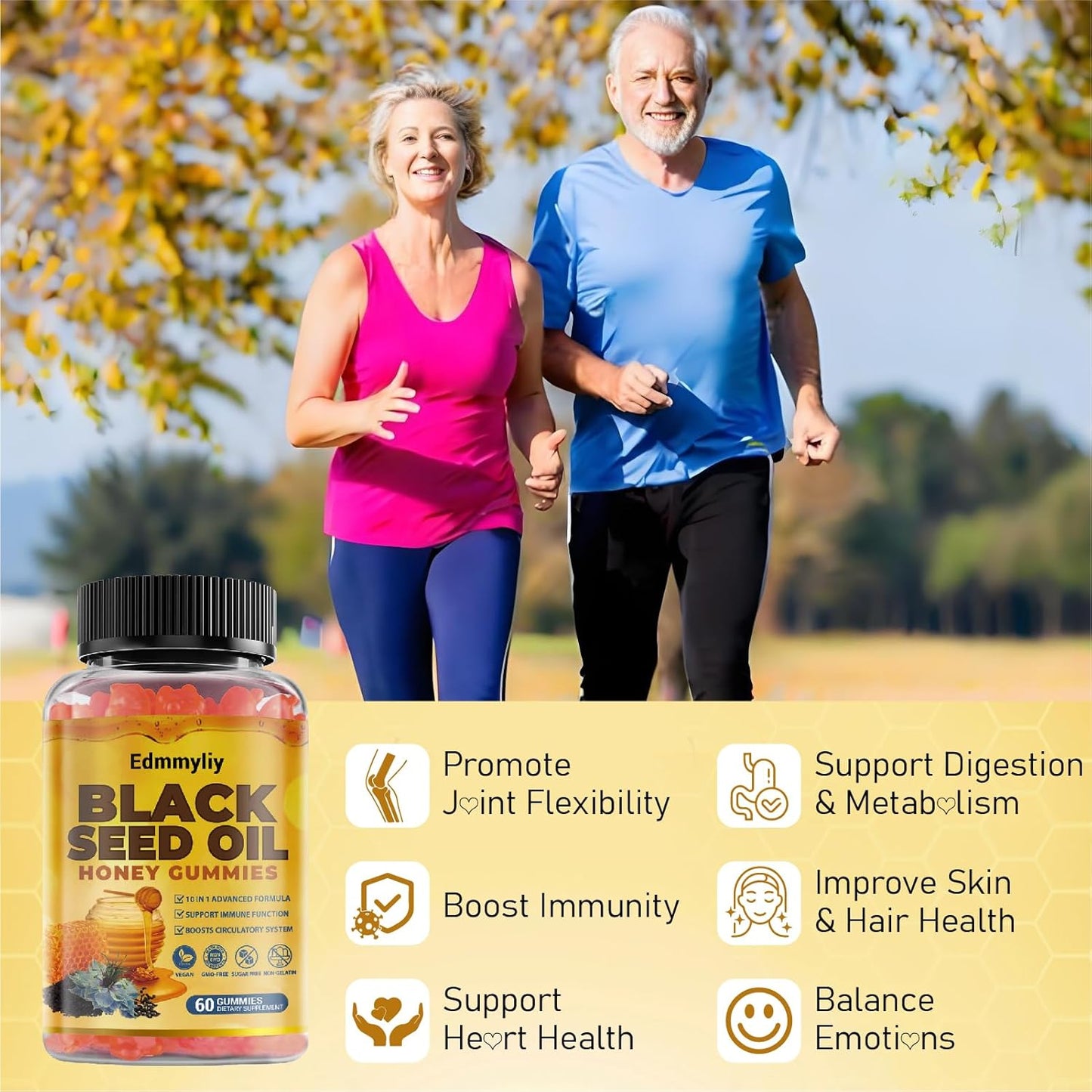 Edmmyliy Black Seed Oil & Honey Gummies with Biotin, Ashwagandha, Turmeric, Vitamin C & B6 - Immune & Digestion Support