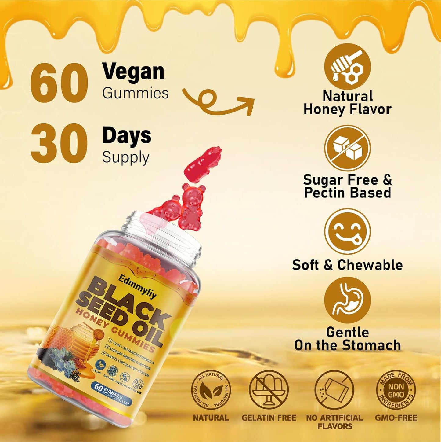 Edmmyliy Black Seed Oil & Honey Gummies with Biotin, Ashwagandha, Turmeric, Vitamin C & B6 - Immune & Digestion Support