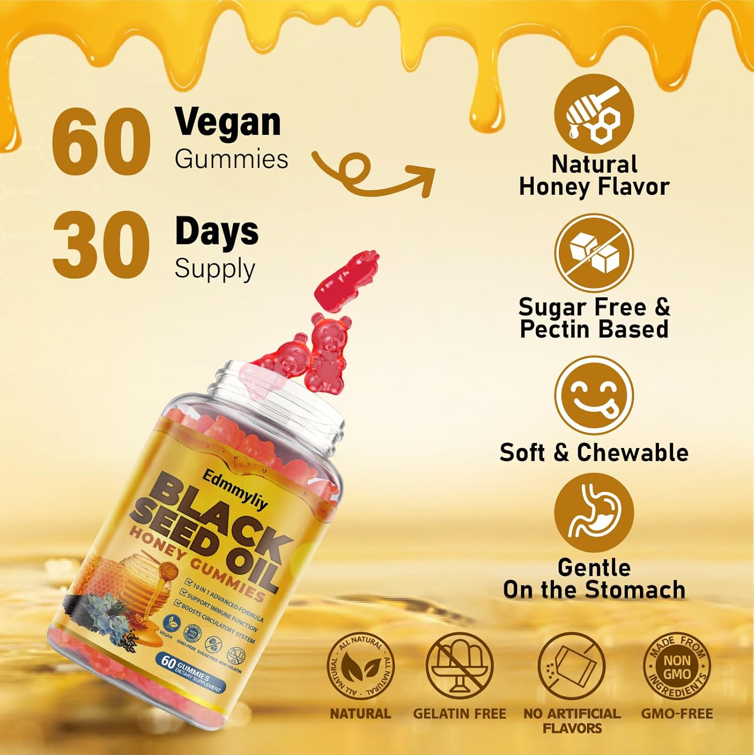 Edmmyliy Black Seed Oil & Honey Gummies with Biotin, Ashwagandha, Turmeric, Vitamin C & B6 - Immune & Digestion Support