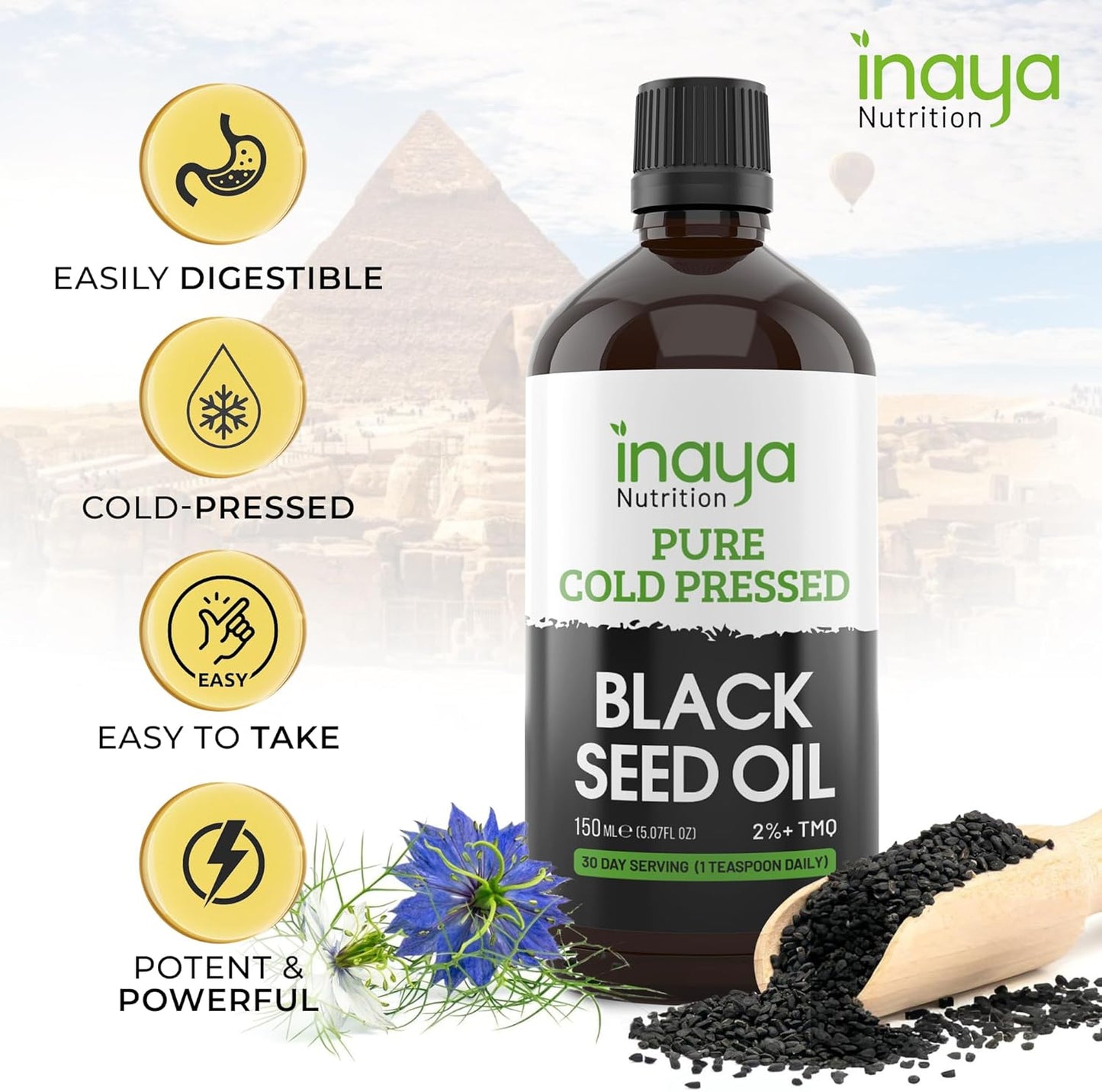 Egyptian Cold Pressed Nigella Sativa Black Seed Oil with 2% Thymoquinone - Supports Joints, Immune System, Hair, Skin - 30 Servings