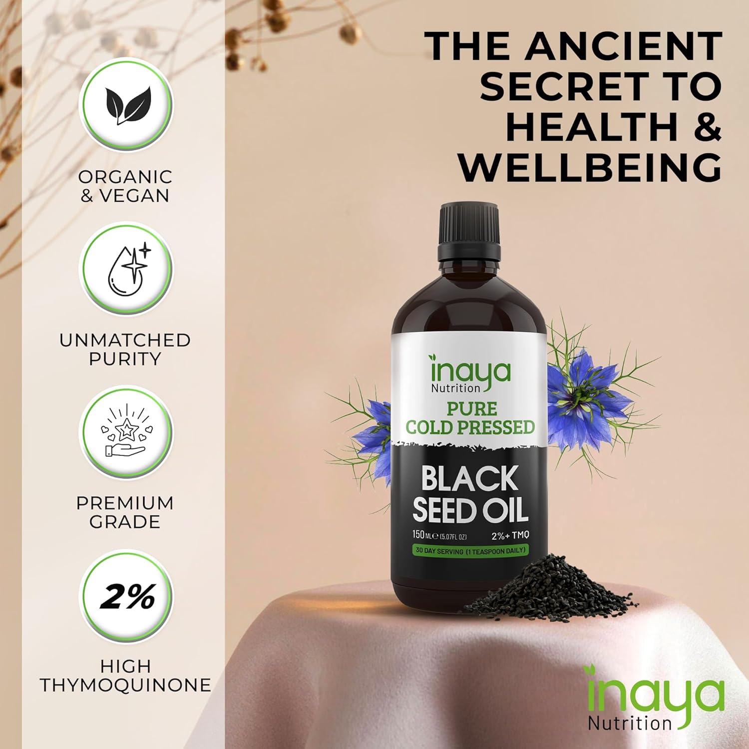 Egyptian Cold Pressed Nigella Sativa Black Seed Oil with 2% Thymoquinone - Supports Joints, Immune System, Hair, Skin - 30 Servings