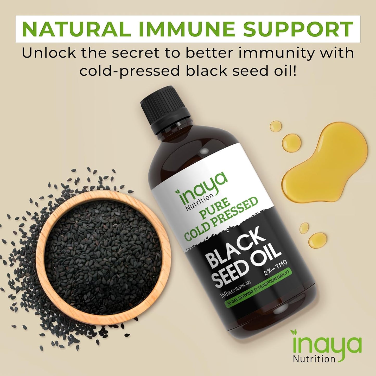 Egyptian Cold Pressed Nigella Sativa Black Seed Oil with 2% Thymoquinone - Supports Joints, Immune System, Hair, Skin - 30 Servings