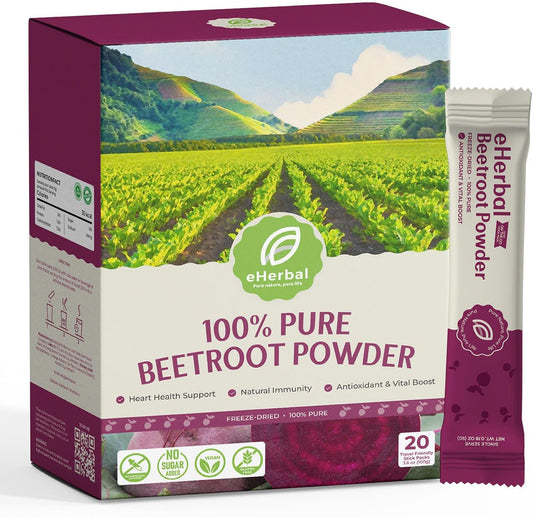 eHerbal Freeze Dried Beet Root Powder 20 Packs | Pure Beet Juice for High Blood Pressure, Clean Energy Boost | Nitric Oxide Booster Drink Mix | Non-GMO Plant Based | Convenient 5g Sticks