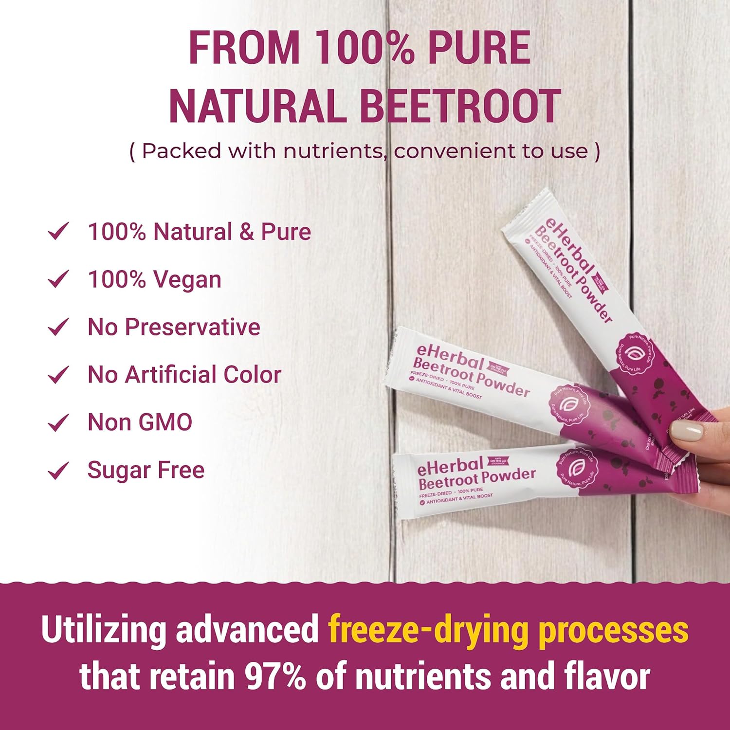 eHerbal Freeze Dried Beet Root Powder 20 Packs | Pure Beet Juice for High Blood Pressure, Clean Energy Boost | Nitric Oxide Booster Drink Mix | Non-GMO Plant Based | Convenient 5g Sticks