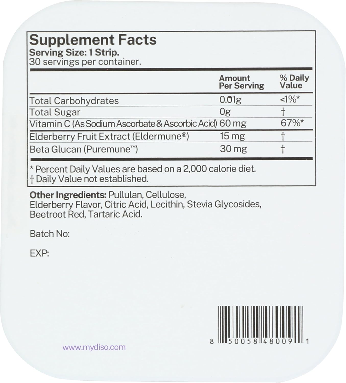 Elderberry Flavored Vitamin C Oral Dissolvable Strips - Immunity Boosting Supplement for Vegans - 30 Count Pack