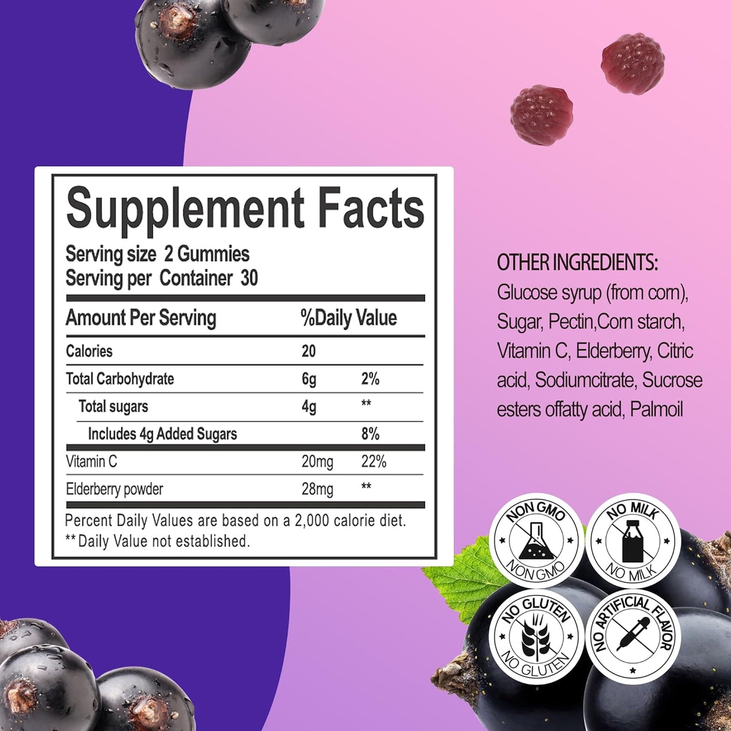 Elderberry Gummies with Vitamin C for Immune Support - 60 Count, Elderberry Flavor Supplement for Women & Men