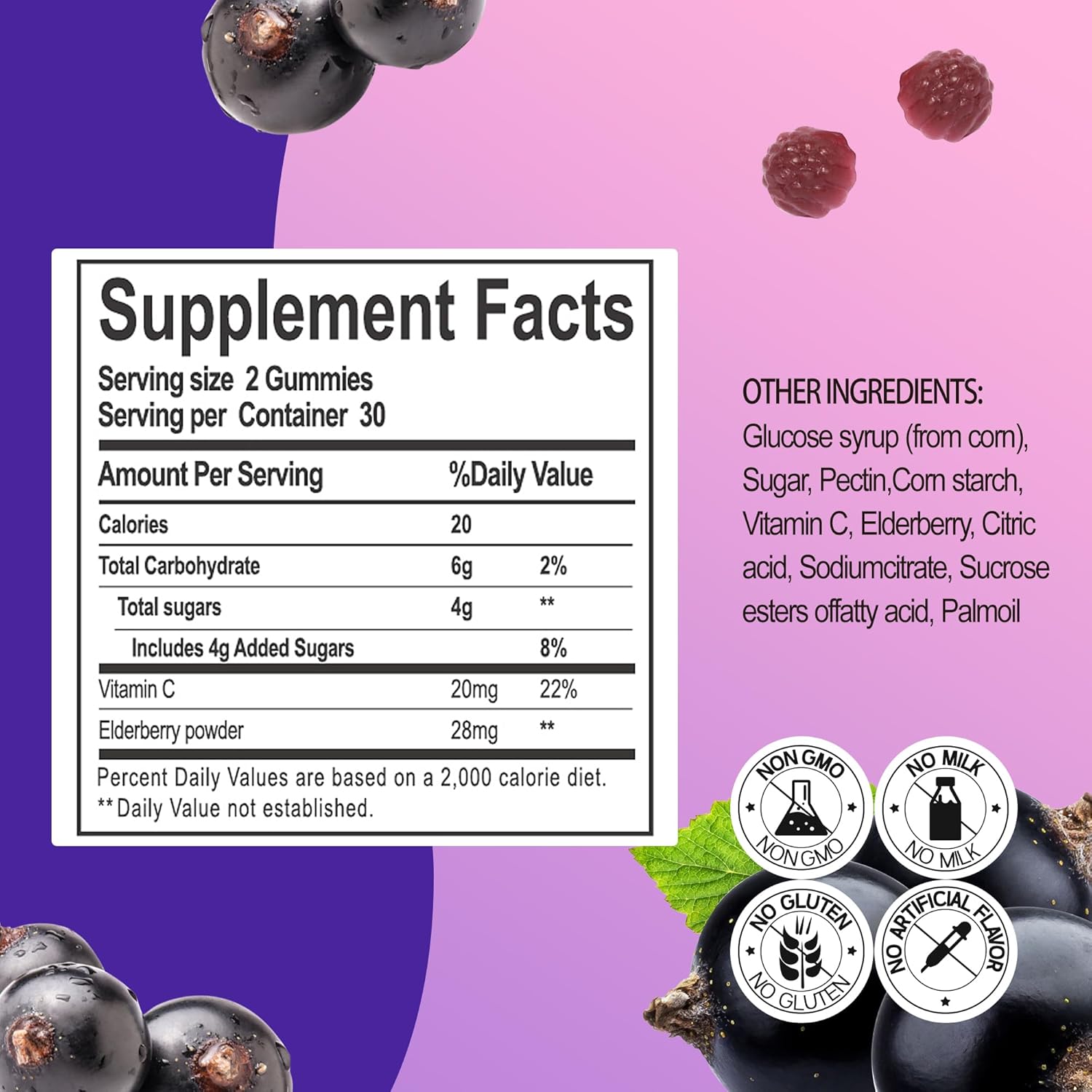 Elderberry Gummies with Vitamin C for Immune Support - 60 Count, Elderberry Flavor Supplement for Women & Men
