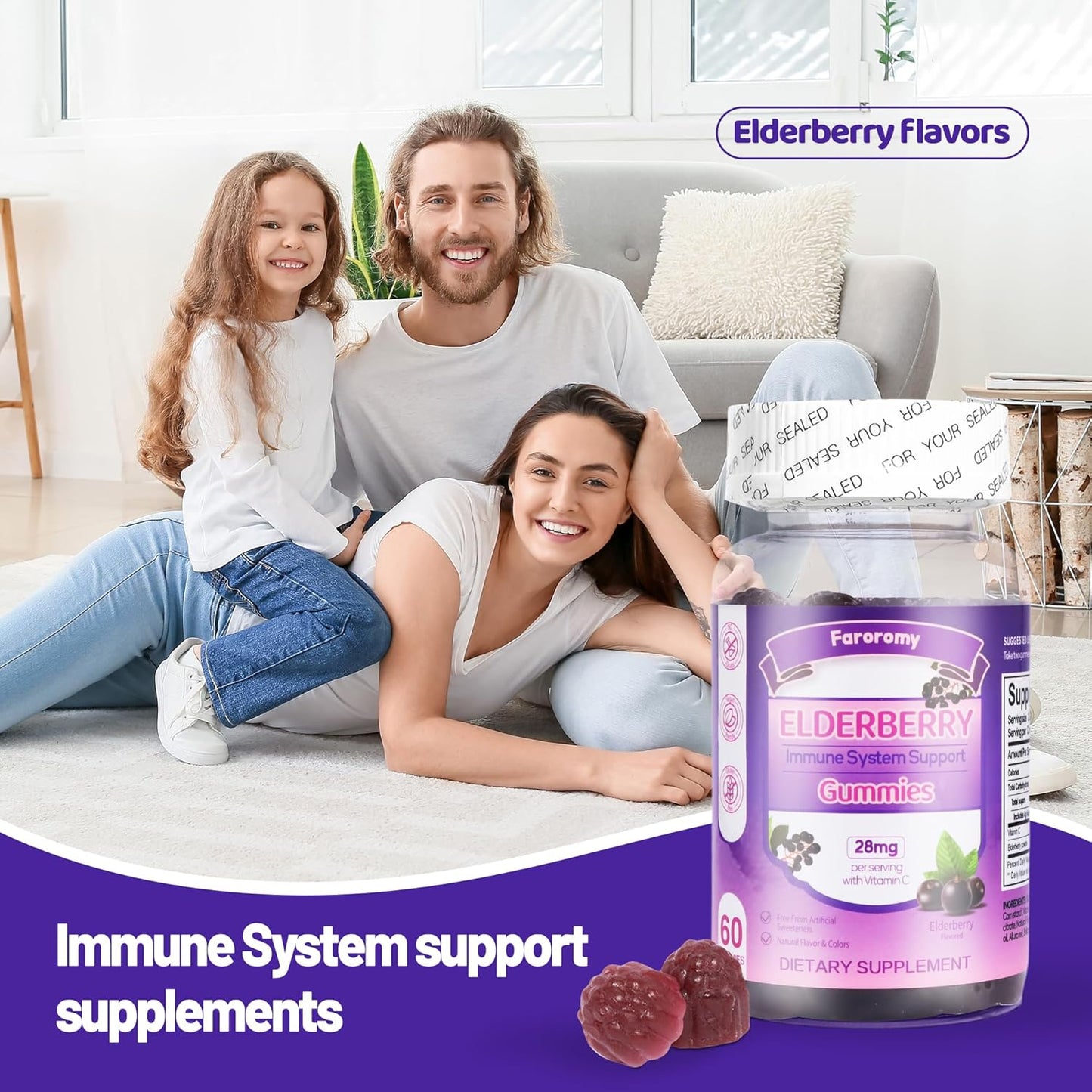 Elderberry Gummies with Vitamin C for Immune Support - 60 Count, Elderberry Flavor Supplement for Women & Men