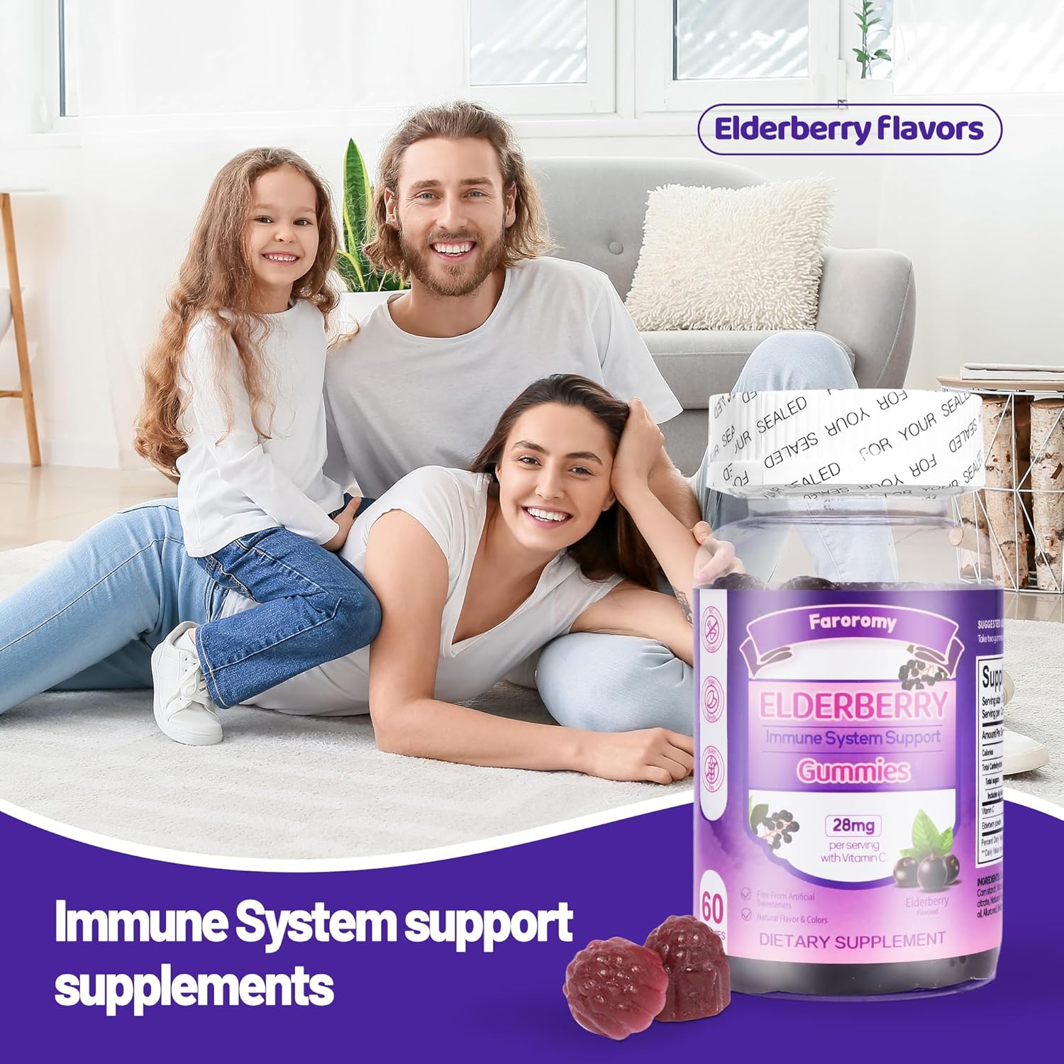 Elderberry Gummies with Vitamin C for Immune Support - 60 Count, Elderberry Flavor Supplement for Women & Men