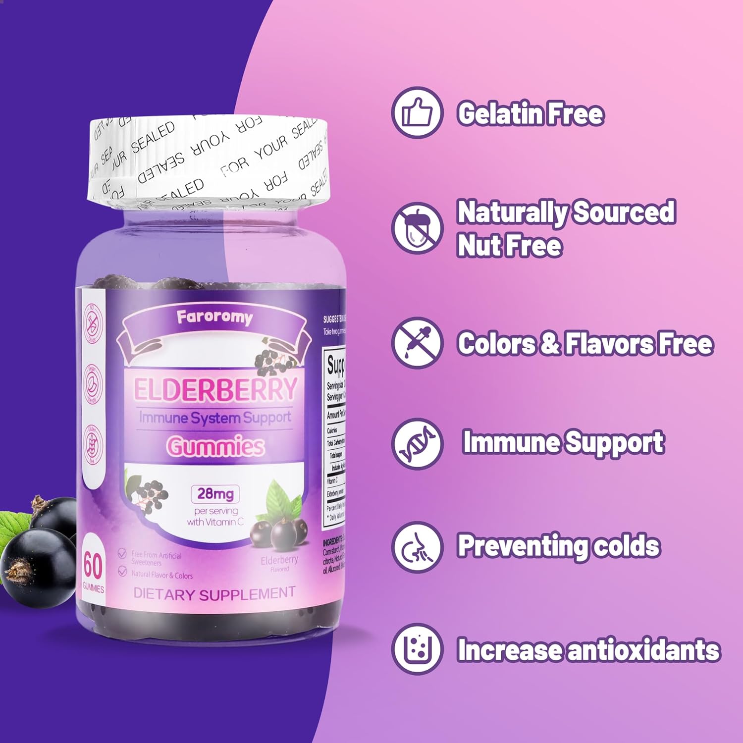 Elderberry Gummies with Vitamin C for Immune Support - 60 Count, Elderberry Flavor Supplement for Women & Men
